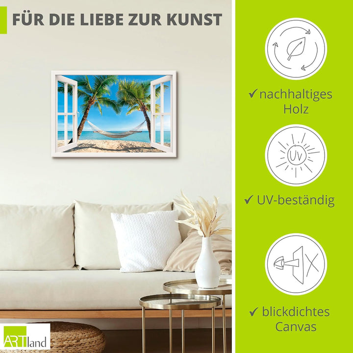 Artland Leinwandbild Wandbild Bild auf Leinwand 70x50 cm Wanddeko Fensterblick Fenster Strand Karibi