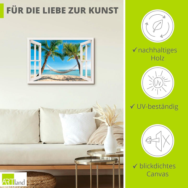 Artland Leinwandbild Wandbild Bild auf Leinwand 70x50 cm Wanddeko Fensterblick Fenster Strand Karibi