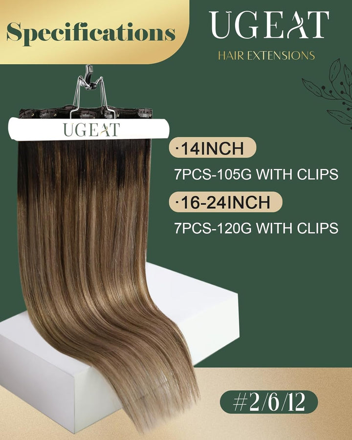 Clip in Extensions Echthaar Balayage Haar, Ugeat Dunkelstes Braun to Mittel Braun Clip Hair Extensio