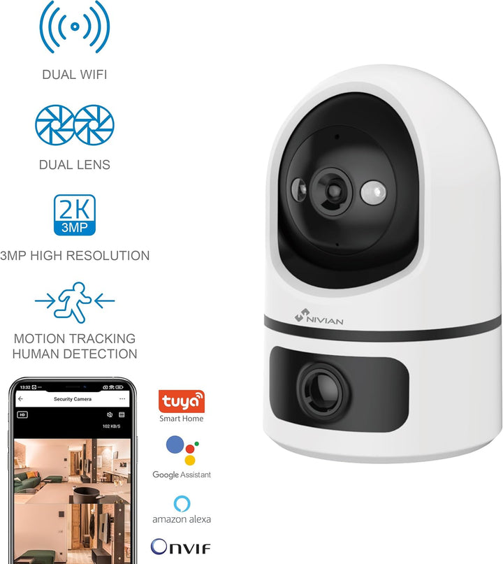 NIVIAN 2K Dual-motorisierte WLAN-Überwachungskamera für den Innenbereich, Doppelobjektiv, ohne Toten