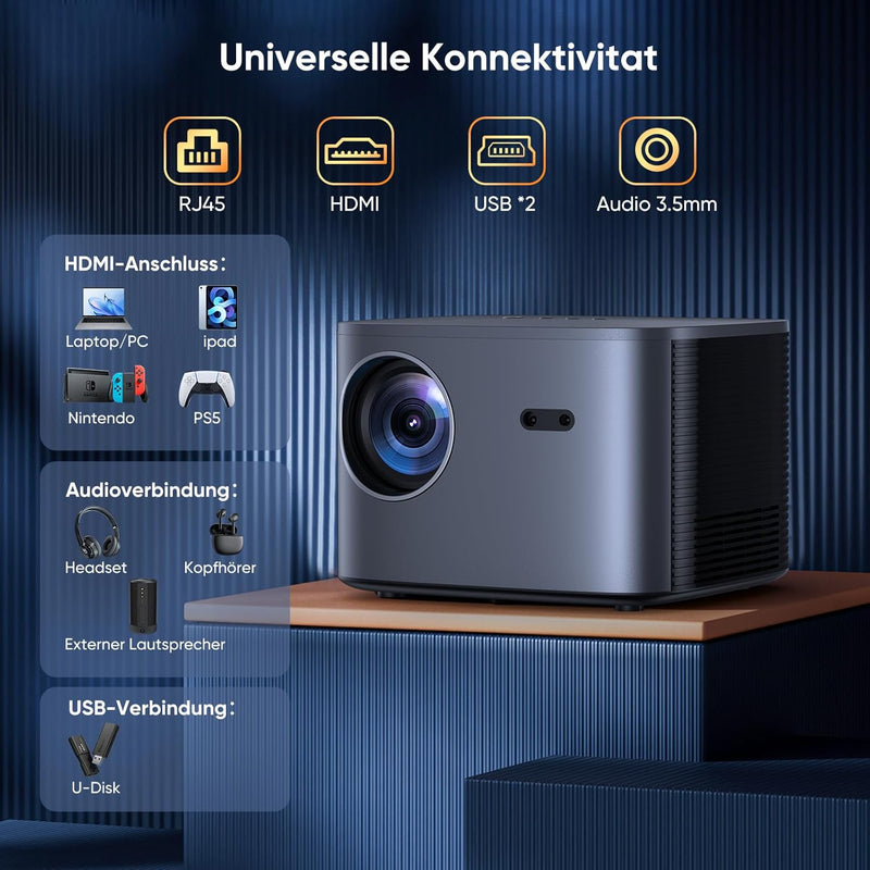 Beamer Auto 6D Trapezkorrektur WiFi6 Bluetooth Beamer 4K Unterstützt, 25000 Lumen 1080P Full HD Beam