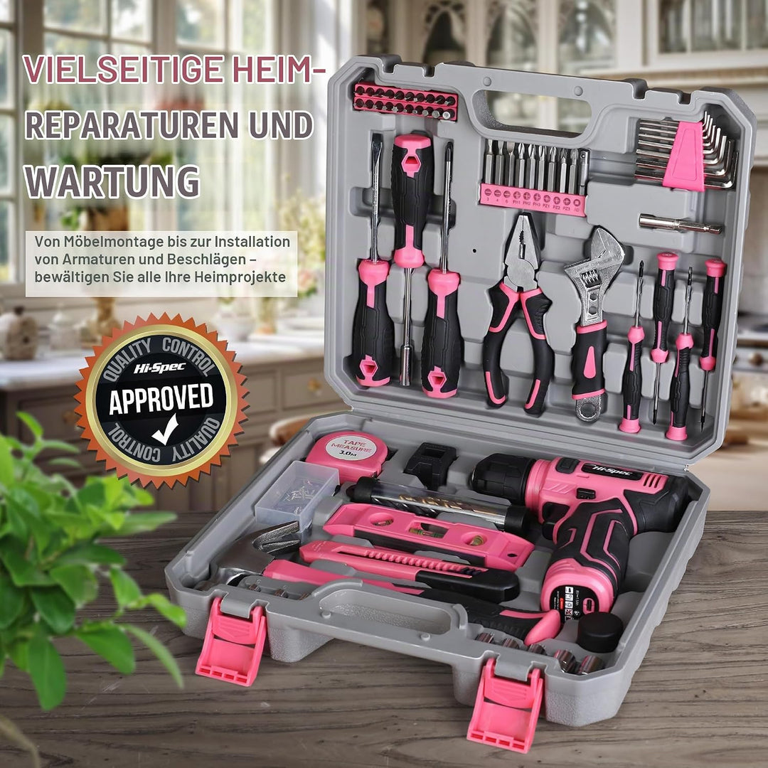 Hi-Spec Pinker Werkzeugkoffer mit Akkuschrauber. 8V USB Akkubohrschrauber, Bit set und Komplettes We