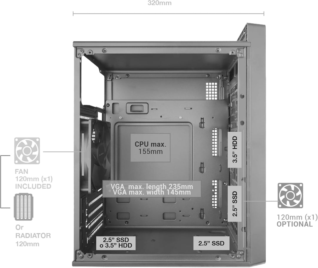 Tacens Fortis II, Mini-Tower PC MicroATX, Vollständige Mesh-Front für Hohen Luftdurchsatz, 1x Leiser