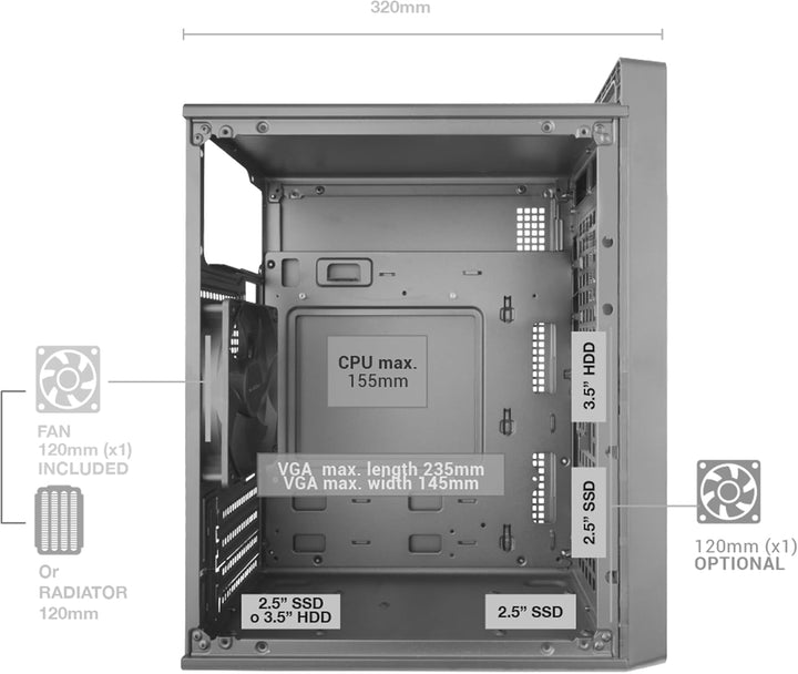 Tacens Fortis II, Mini-Tower PC MicroATX, Vollständige Mesh-Front für Hohen Luftdurchsatz, 1x Leiser