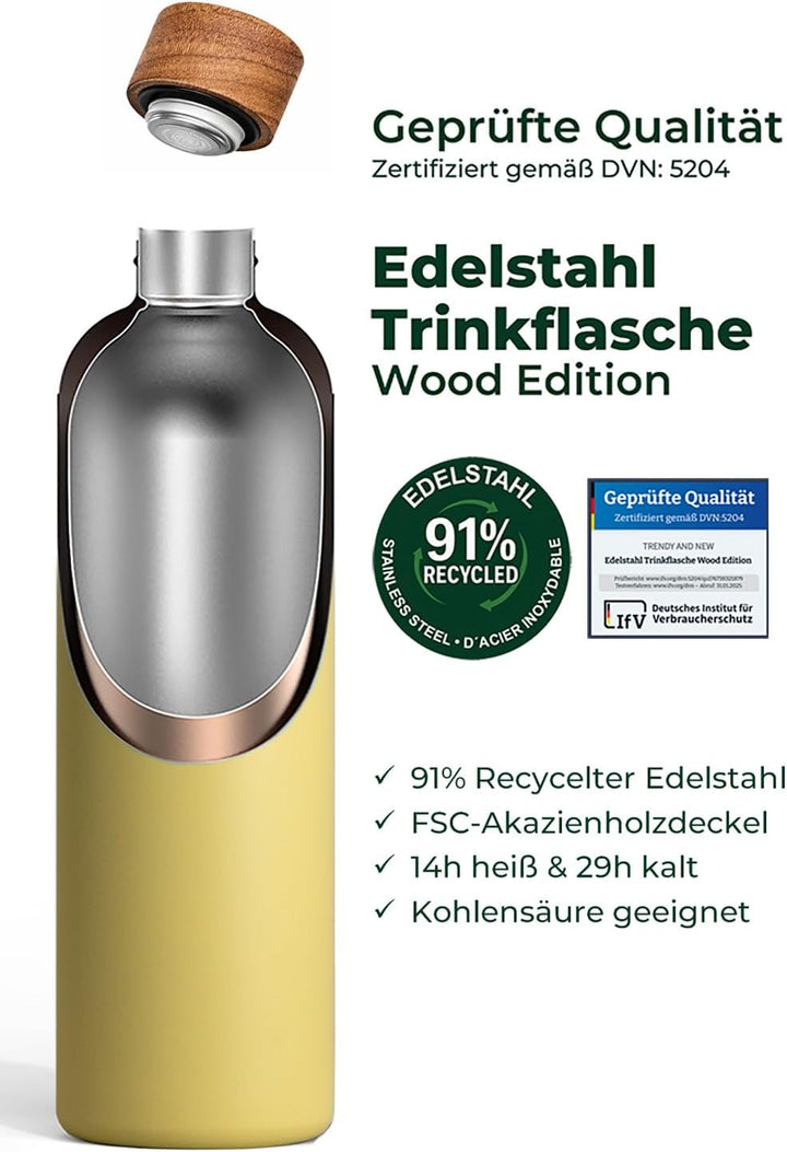 T&N Edelstahl Trinkflasche 500ml, Thermosflasche 0.5l mit Akazienholz Deckel, Isolierte Wasserflasch