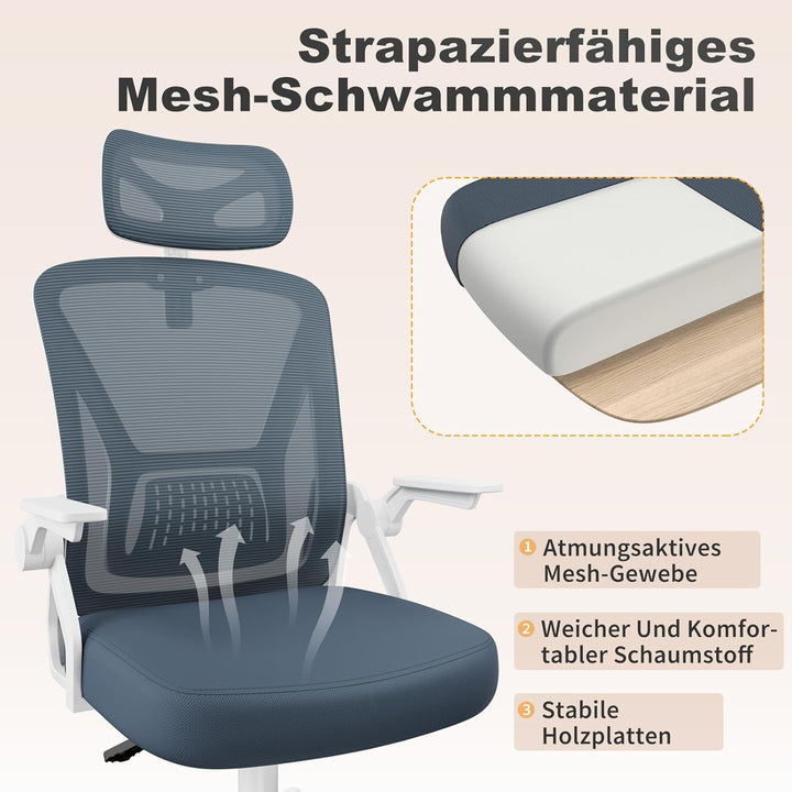 naspaluro Ergonomischer Bürostuhl, Schreibtischstuhl mit 90° Klappbaren Armlehnen, Einzigartige Lend
