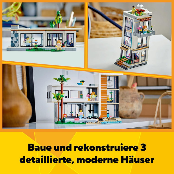 LEGO Creator Modernes Haus, 3-in-1-Set zum Umbauen in EIN Stadthaus oder eine Waldhütte, Modellhaus,