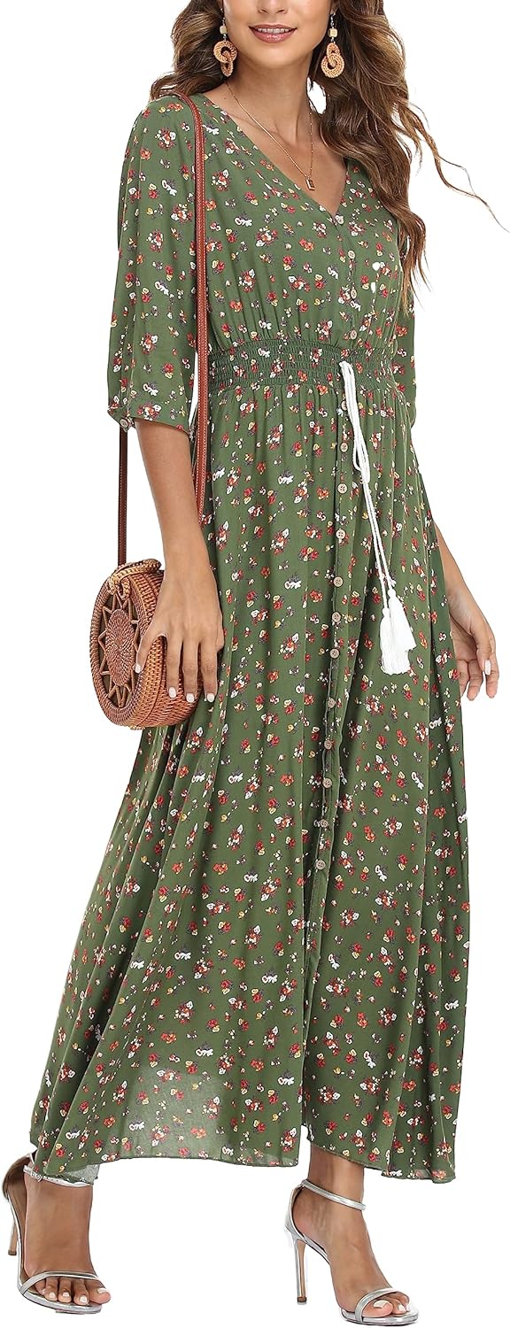 Damen Lange Split Knopf Up Sommer Maxikleid Floral Strandwear Holidy Kleid Hohe Taille mit kurzen Är