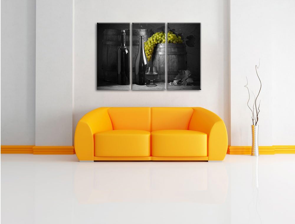 Pixxprint Fässer mit Weintrauben und Wein als Leinwandbild/Grösse: 3 Teilig (120x80) cm/Wandbild/Kun