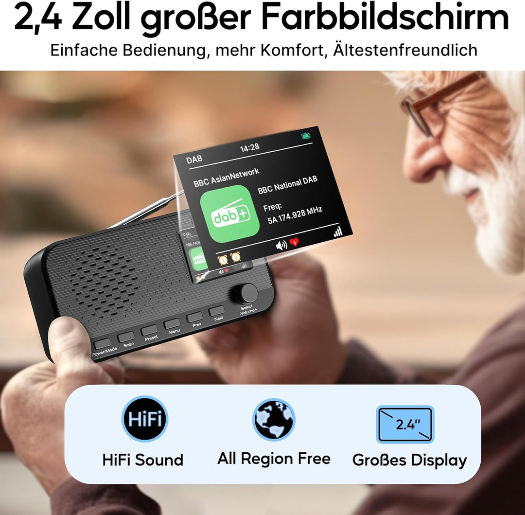 DAB Radio mit Bluetooth, wiederaufladbares UKW-Digitalradio, Radios batteriebetrieben, tragbares DAB