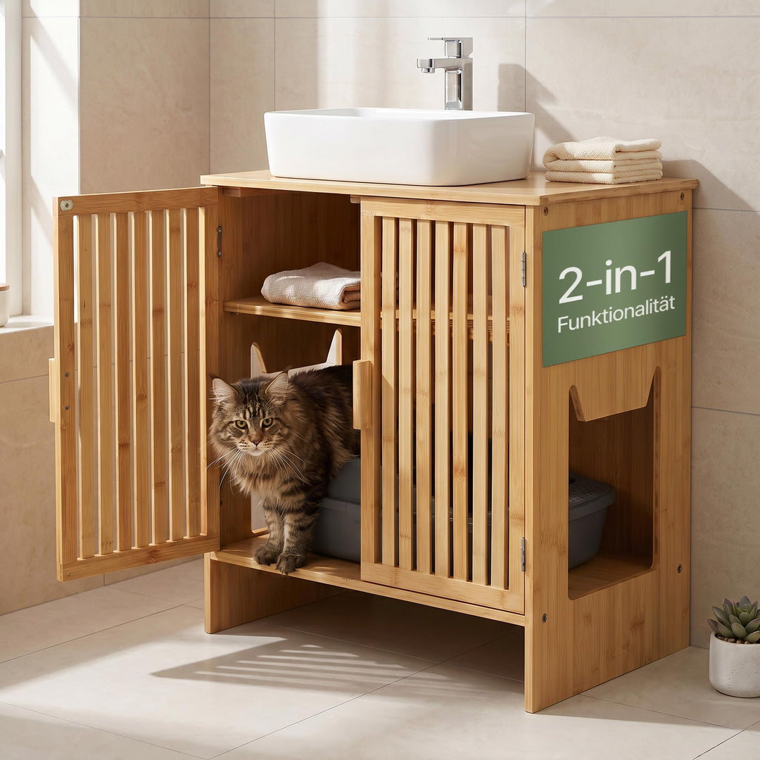 WOOWOOD Katzenklo Waschbeckenunterschrank aus Bambus - Extrem Feuchteresistent - Katzenklo Schrank -