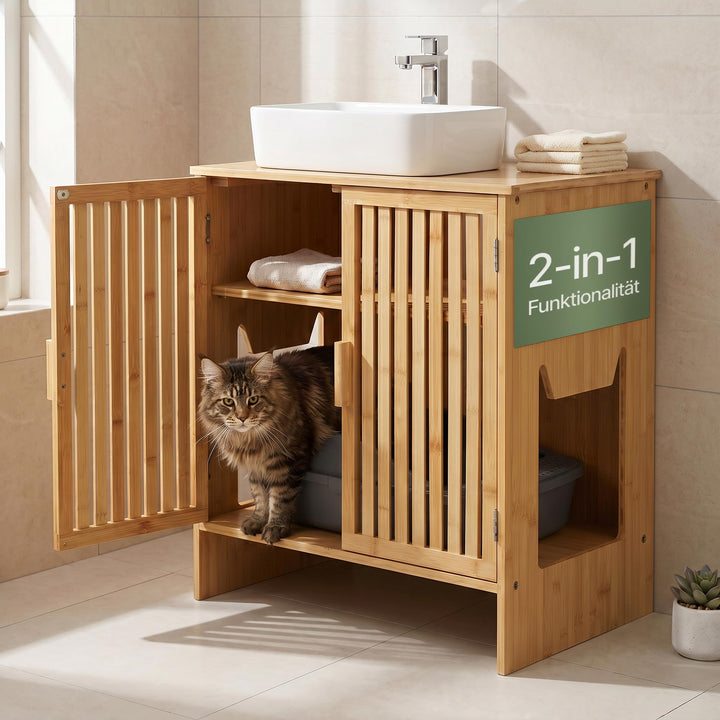 WOOWOOD Katzenklo Waschbeckenunterschrank aus Bambus - Extrem Feuchteresistent - Katzenklo Schrank -