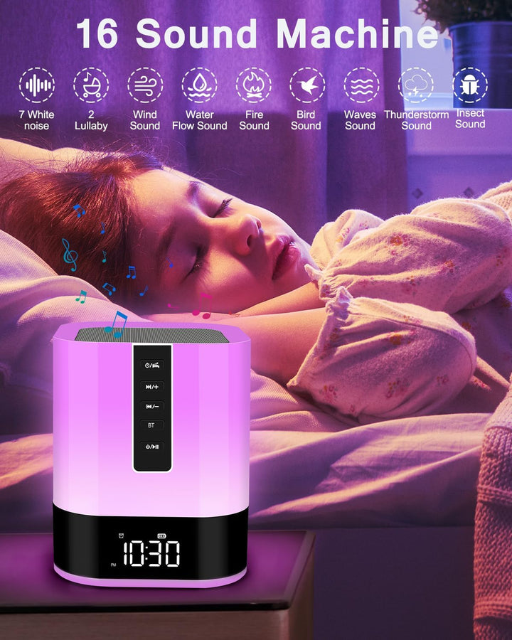 Bluetooth Lautsprecher mit Licht, Kinder Wecker, White Noise Machine,Nachttischlampe Touch-Dimmbar,4