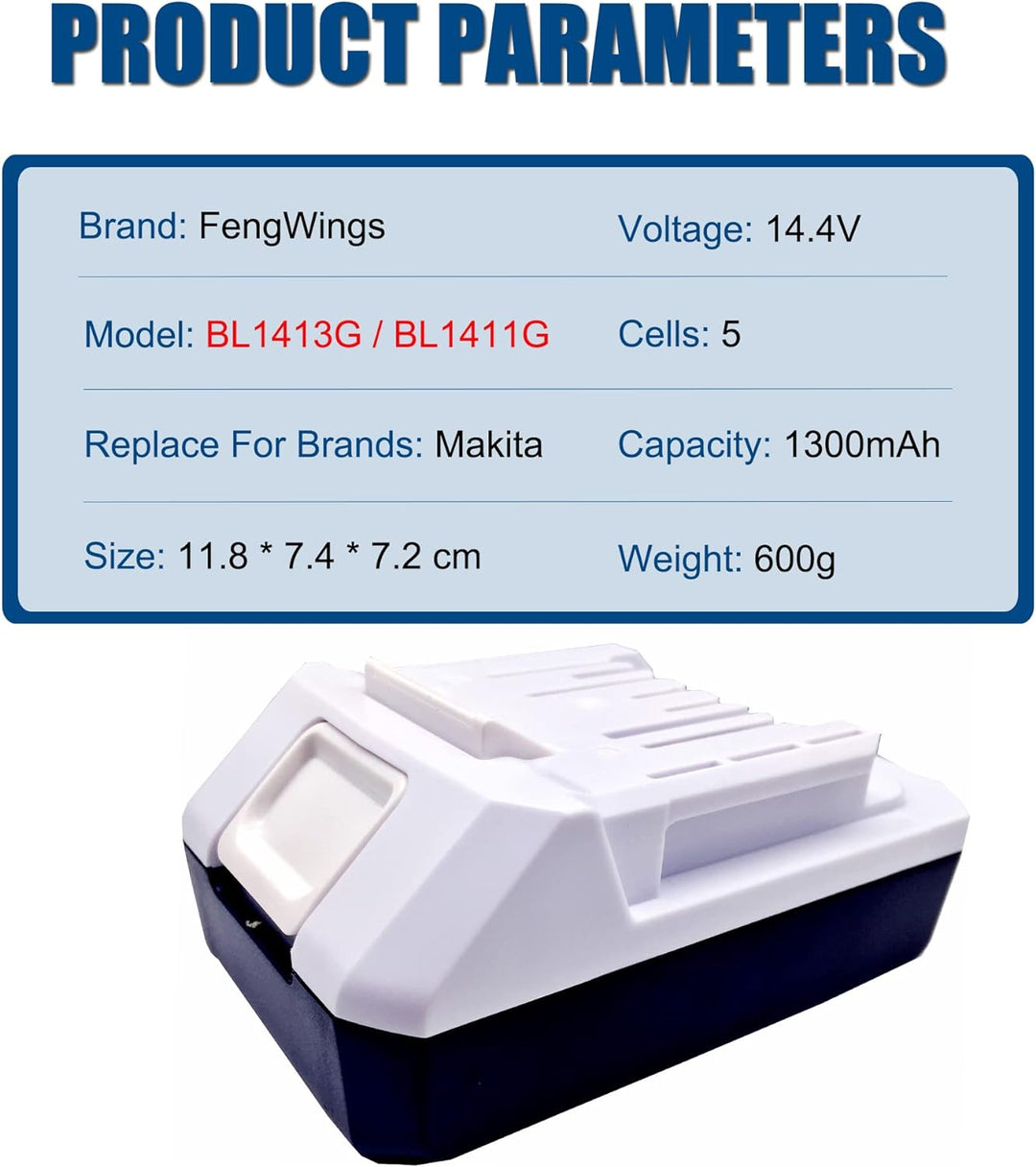 FengWings® BL1413G Akku 14.4V 1300mAh Akku, Ersetzen Für Makita BL1411G | BL1413G | BL1415G | 196375