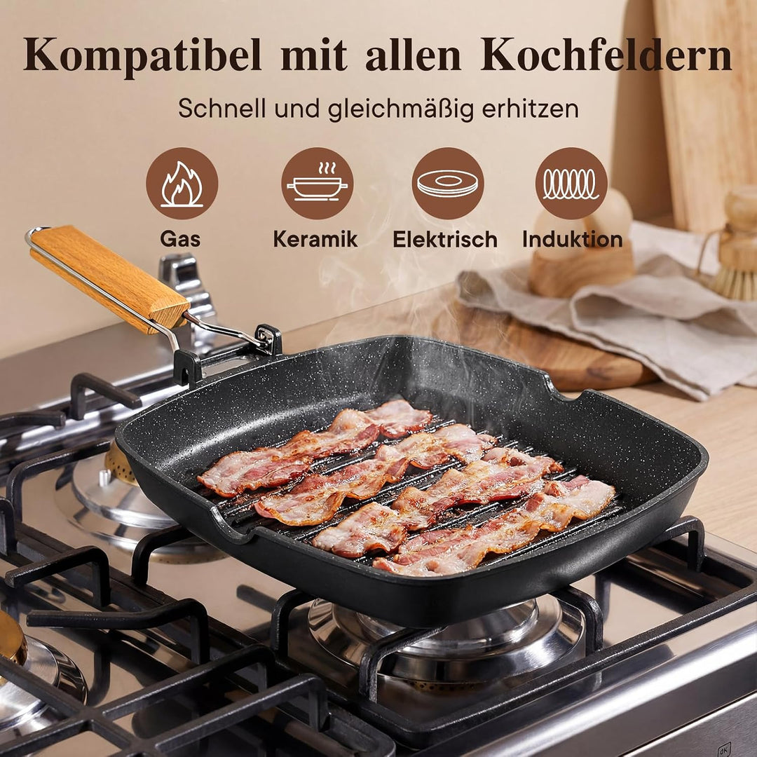 GiPP Poêle Grill avec Poignée Pliable, Granit Non Toxique Antiadhésive Schwarz 28cm, Schwarz 28cm