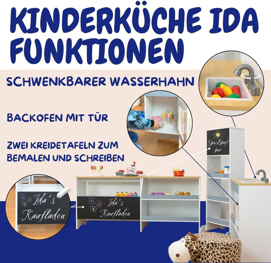 Coemo Spielküche Kaufladen Ida, grau, 4er Set mit Spülbecken, grosse Kinderküche, Kaufmannsladen für