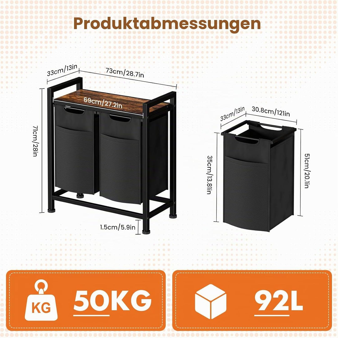 Sweetcrispy Wäschekorb 2 Fächer, 92 L, Schwarz | mit Ablage, abnehmbarer Wäschesammler, Wäscheschran
