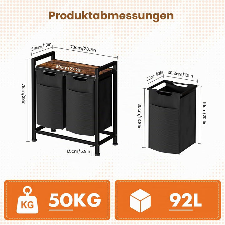 Sweetcrispy Wäschekorb 2 Fächer, 92 L, Schwarz | mit Ablage, abnehmbarer Wäschesammler, Wäscheschran