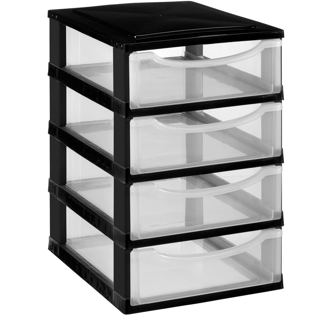 Hummelladen Schubladenbox DIN A4 mit 4 Schubladen 34,5x26x39 cm - schwarz-transparent Kunststoff Dra
