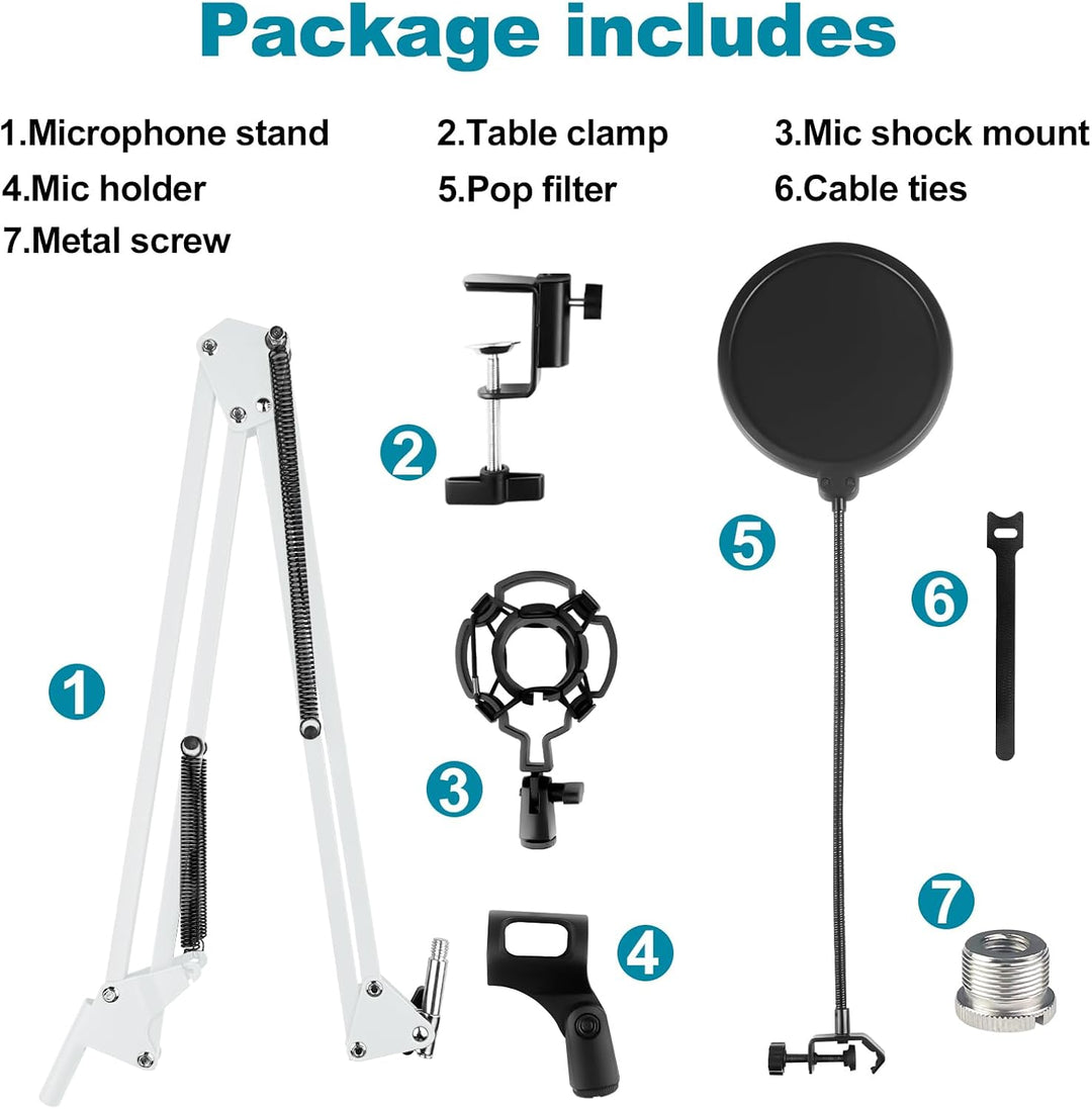 Mikrofon Arm, Mikrofonarm Einstellbare Mikrofonständer Weiss mit Shock Mount, Pop-Filter, 5 Kabelbin