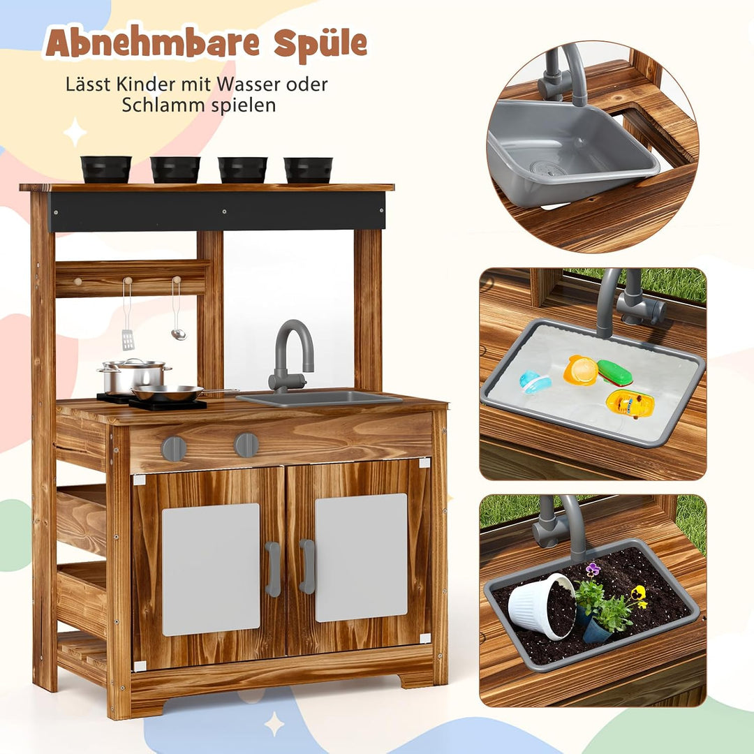 DREAMADE Matschküche Kinder Outdoor, Spielküche aus Tannenholz mit Waschbecken, Wasserhahn, 2 Herden