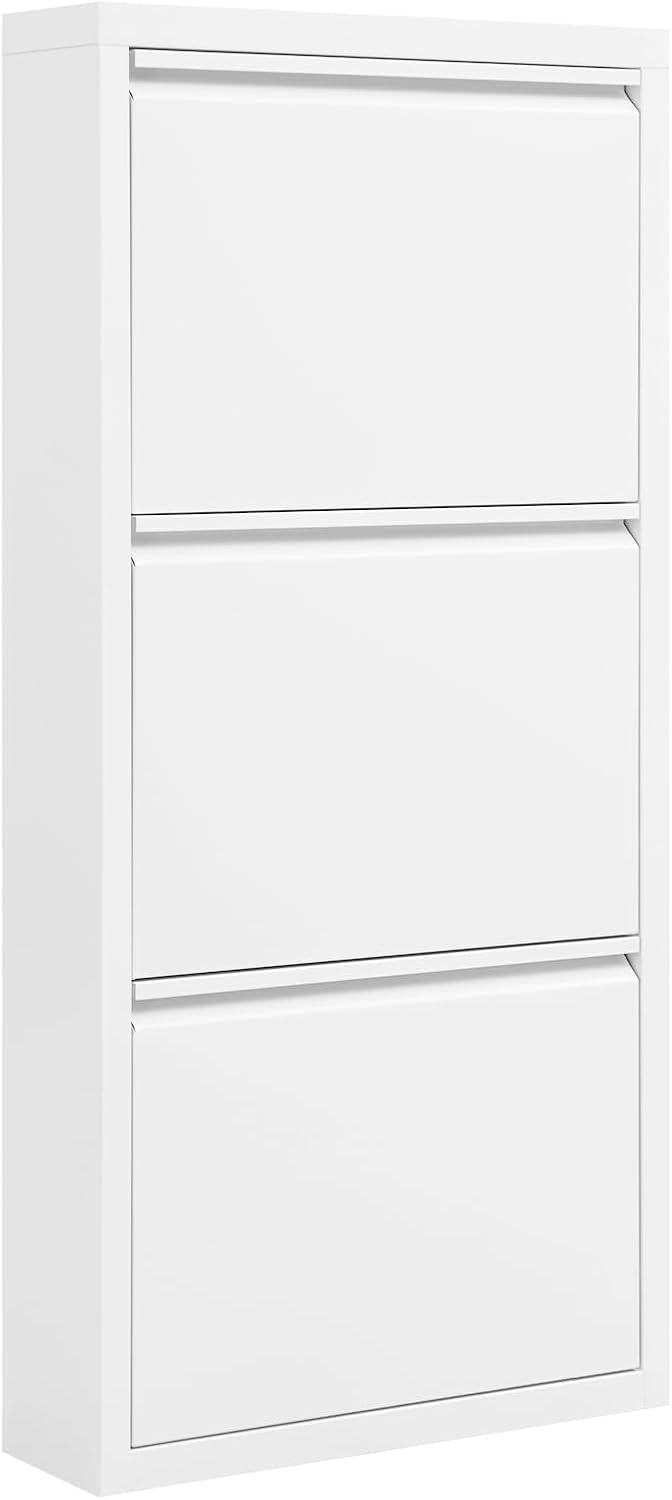 WOLTU Schuhschrank mit 3 Klappen, Schuhregal geschlossen, Schuhkommode schmal, aus Metall, für Flur