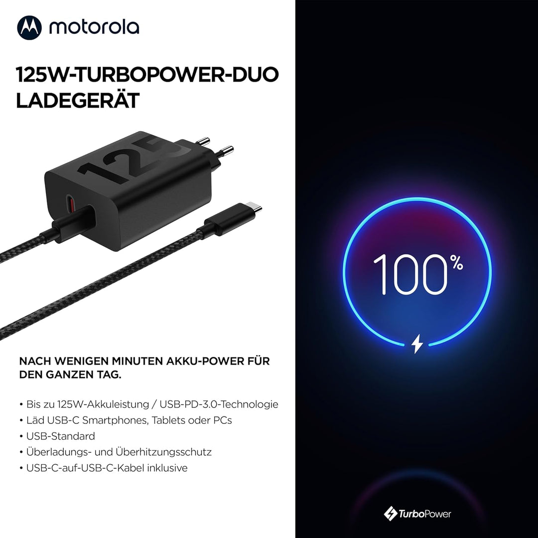 Motorola 125W-TurboPower-Duo-Ladegerät (GaN Schnellladegerät mit 2 m 6,25A USB-C-auf-USB-C-Kabel zum