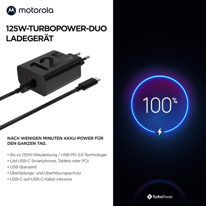 Motorola 125W-TurboPower-Duo-Ladegerät (GaN Schnellladegerät mit 2 m 6,25A USB-C-auf-USB-C-Kabel zum