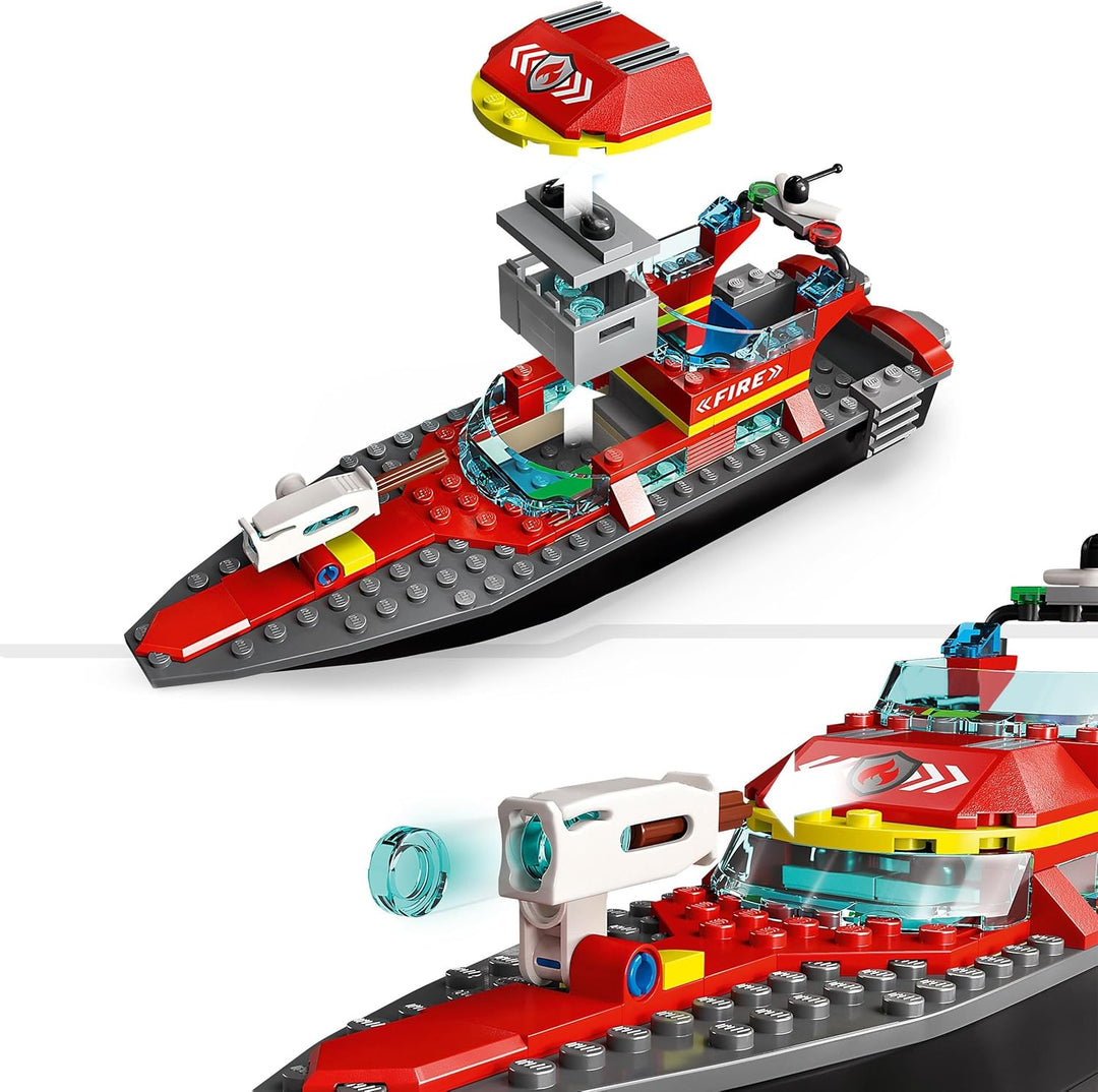 LEGO 60373 City Feuerwehrboot, Spielzeug, das im Wasser schwimmt, mit Rennboot, 3 Minifiguren und Je