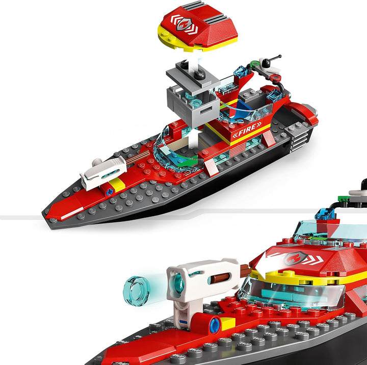LEGO 60373 City Feuerwehrboot, Spielzeug, das im Wasser schwimmt, mit Rennboot, 3 Minifiguren und Je