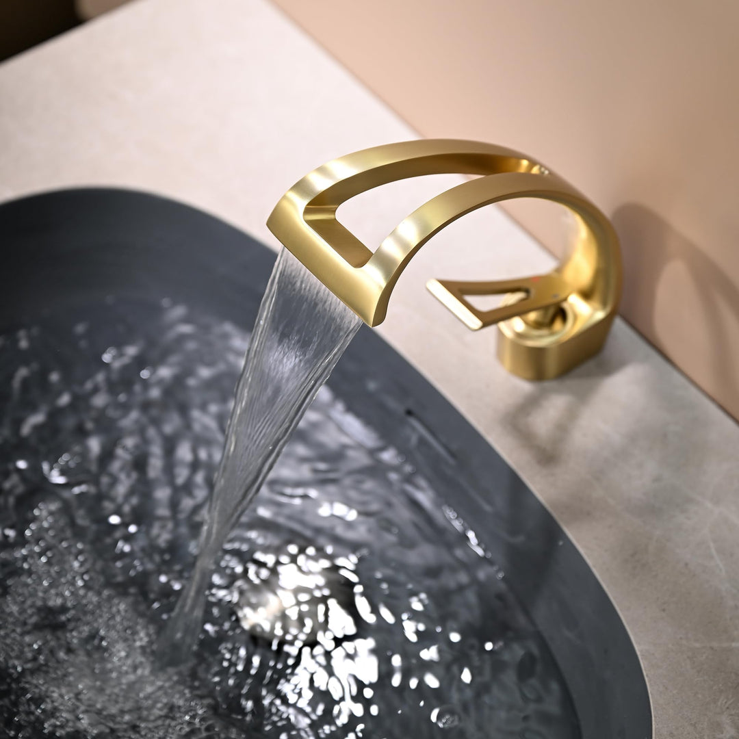 Waschtischarmatur Gebürsteter Gold, Wasserhahn Bad Waschbecken Armatur Wasserfall Badarmatur, Wassse