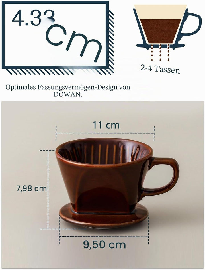 DOWAN Porzellan Kaffeefilter Grösse 2, Permanent Kaffeefilter für 2 Tassen Braun, Braun