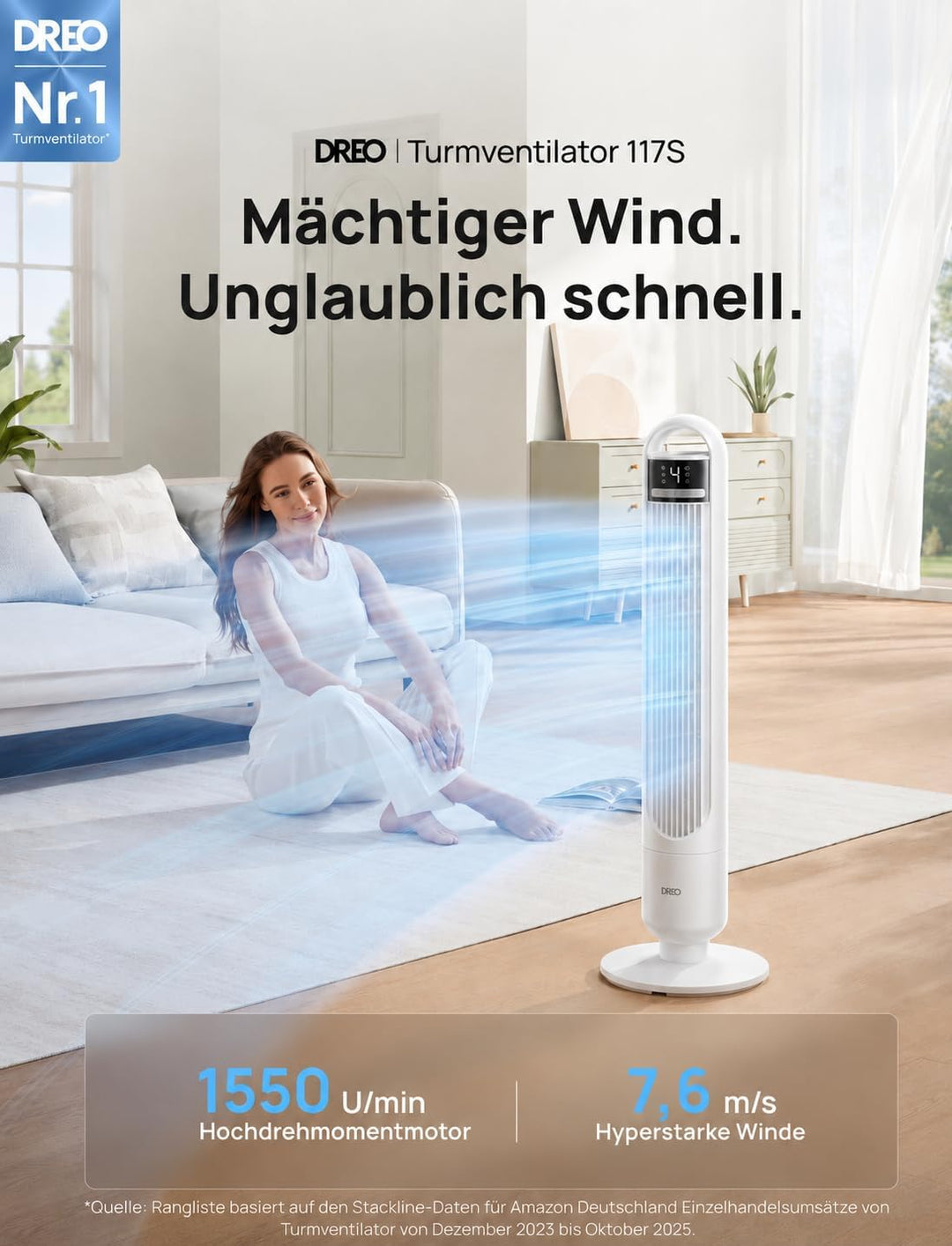 DREO Smart Turmventilator fürs Schlafzimmer, leiser Standventilator mit 28 dB, Luftreichweite bis 8,