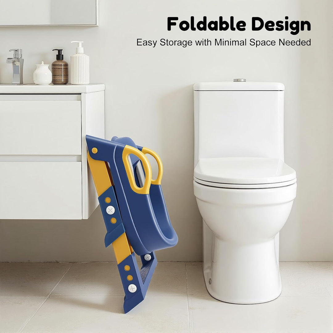 Kinder Toilettensitz mit Treppe abnehmbares PU-Kissen, höhenverstellbar 2–7 Jahre, klappbarer WC Sit