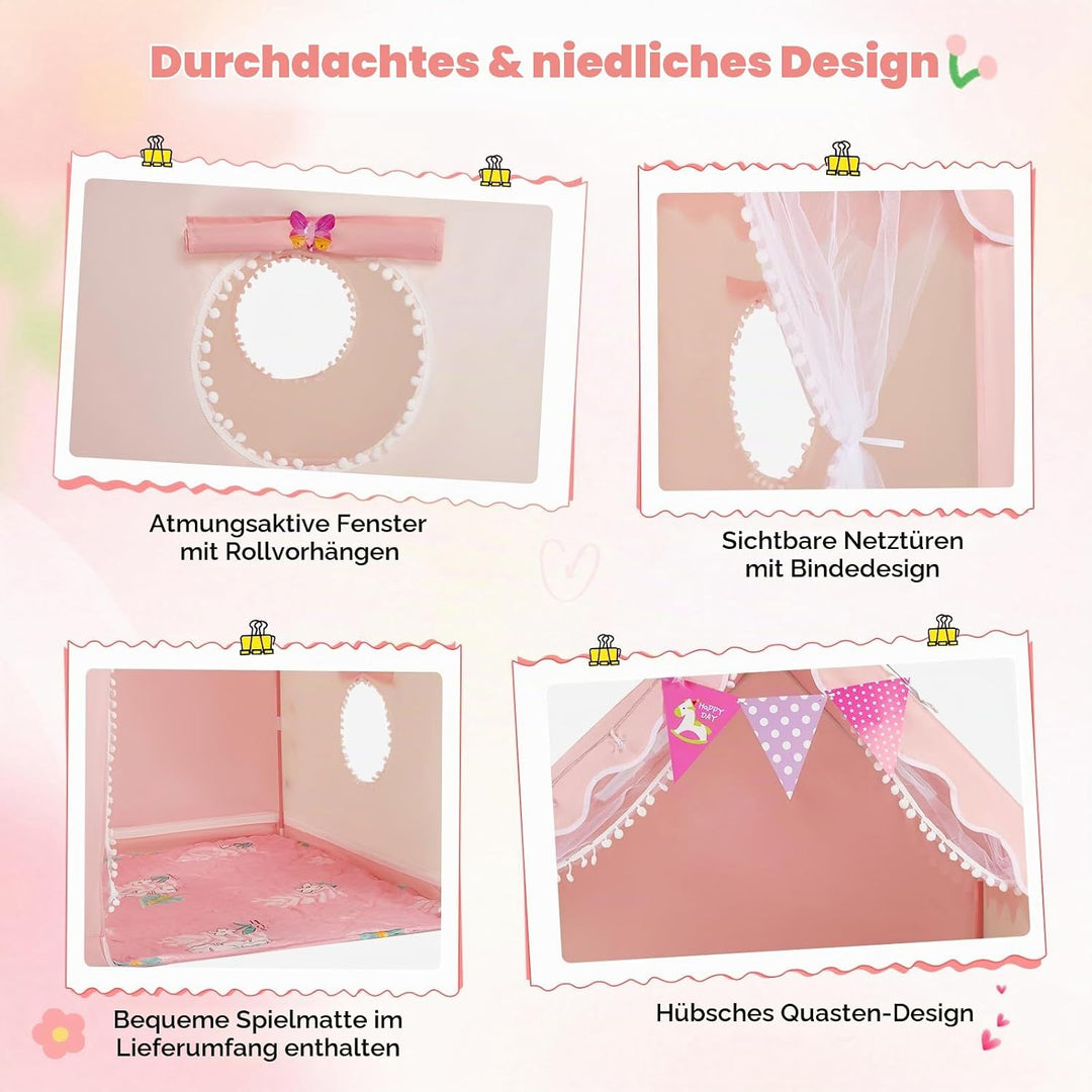 Kinder Spielzelt Hausform, mit LED Lichter &amp; Matte, innen &amp; aussen | Grosser Innenraum, reichhaltige