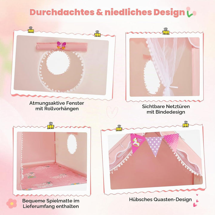 Kinder Spielzelt Hausform, mit LED Lichter &amp; Matte, innen &amp; aussen | Grosser Innenraum, reichhaltige