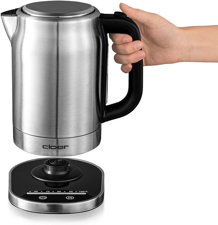 Cloer 4459 Touch-Wasserkocher, Basisstation mit Glasoberfläche-LED-Anzeige, 1,7 Liter, Edelstahl Tou