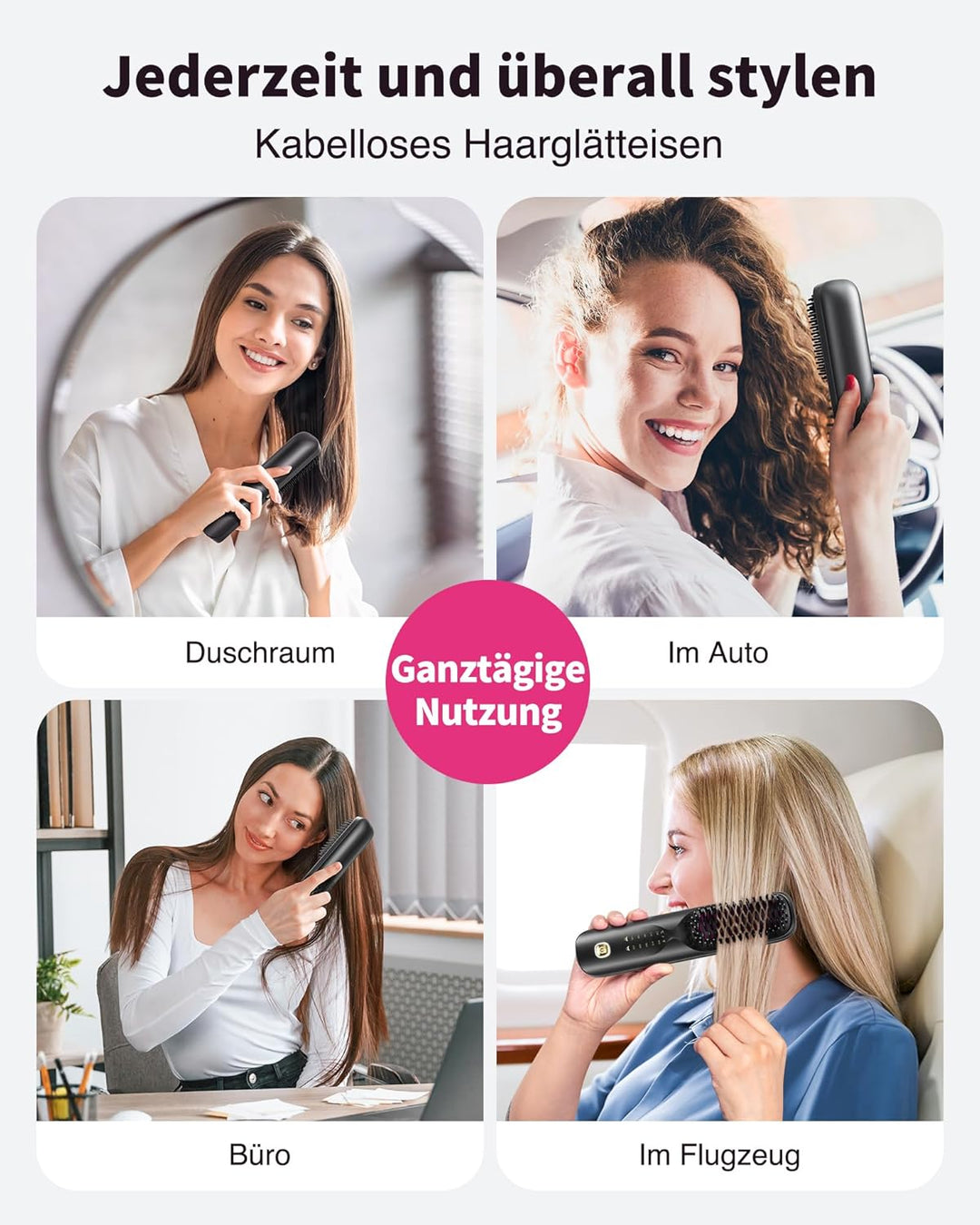 Bopcal Mini Glättbürste - 10000mAh Ionen Haarglätter Bürste Kabellos, Professioneller Verbrühungssch