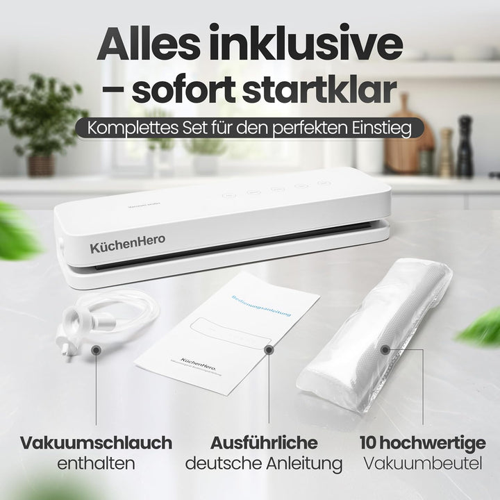 Vakuumierer mit Glasoberfläche & Touch – Premium Vakuumiergerät Weiss – Inkl. 10 Beutel & Schlauch –