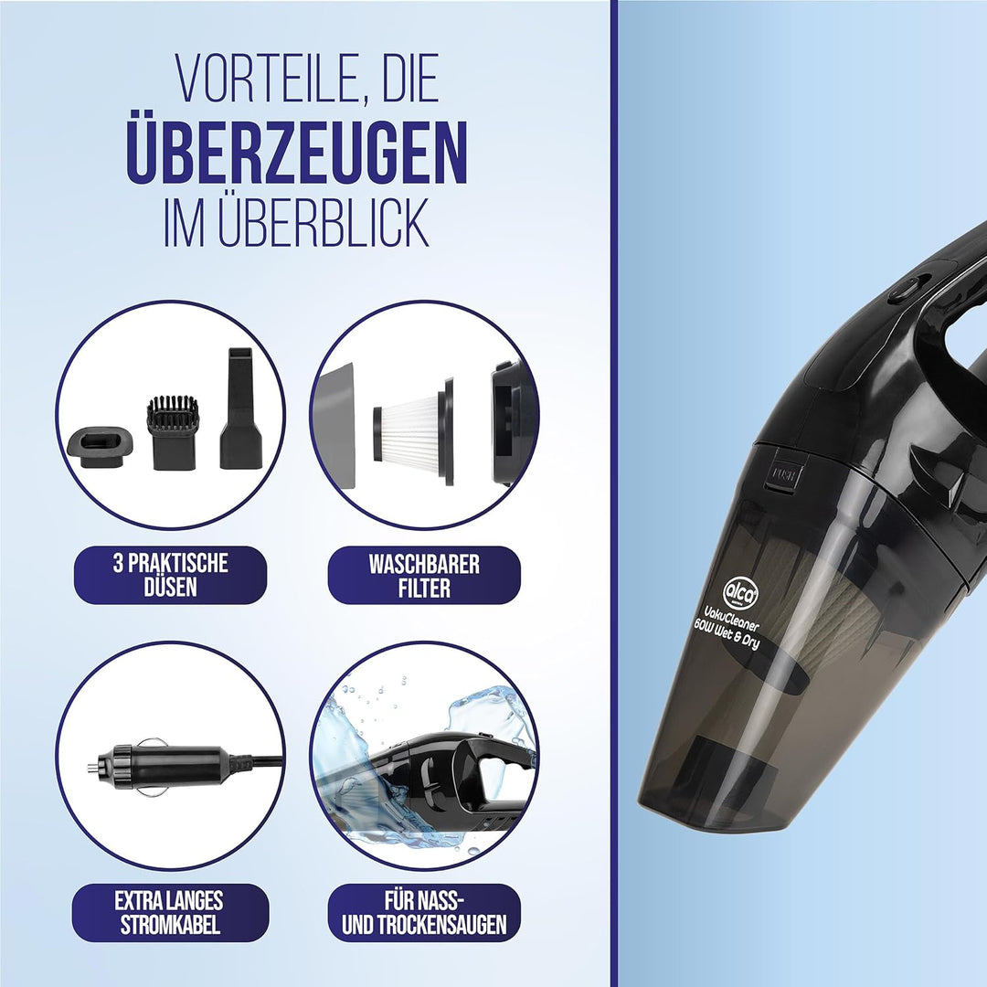 alca® Autostaubsauger 12V NASS/TROCKEN tragbarer Handstaubsauger 12 V waschbarer HEPA Filter