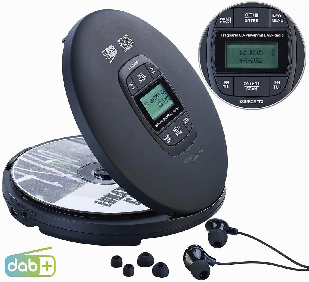 auvisio CD Spieler: Tragbarer CD-Player, DAB+ Radio, Bluetooth, Akku, Ohrhörer, Anti-Shock (CD Playe