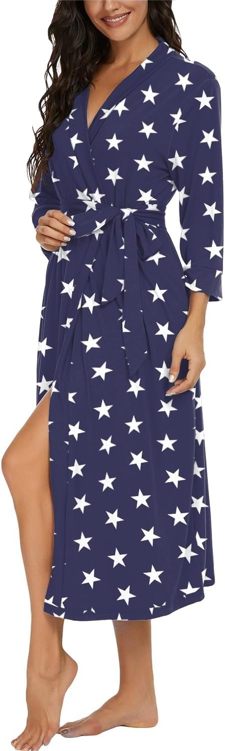 PrinStory Damen Bademantel Leichter 3/4 Ärmeln Morgenmantel V-Ausschnitt Kimono Roben Langes Nachtwä