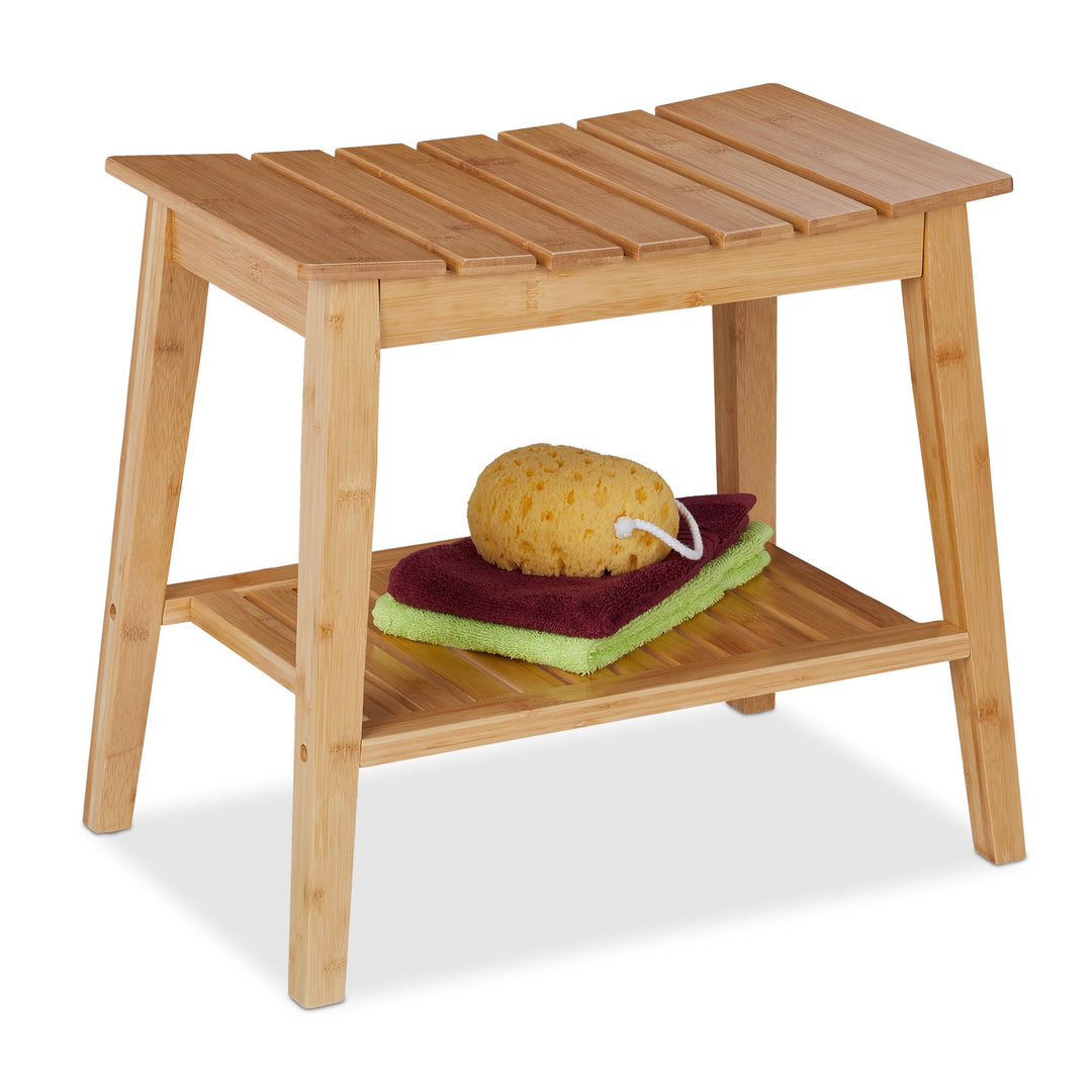 Relaxdays Badhocker mit extra Ablagefläche, Sitzhocker aus Bambus, HxBxT: 45 x 51,5 x 34 cm, Staurau