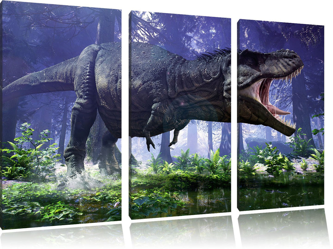 Pixxprint T-Rex Dinosaurier im Wald als Leinwandbild | Grösse: 3 Teilig (120x80) | Wandbild| Kunstdr