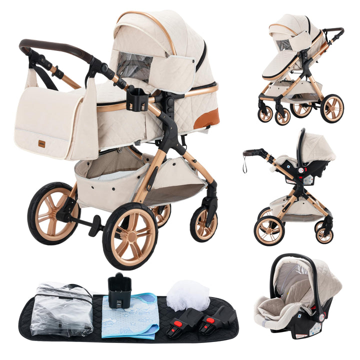 YAZOCO kinderwagen 3 in 1, Zusammenklappbar kinderwagen mit Wickeltasche,Komplettset Becherhalter,Mo