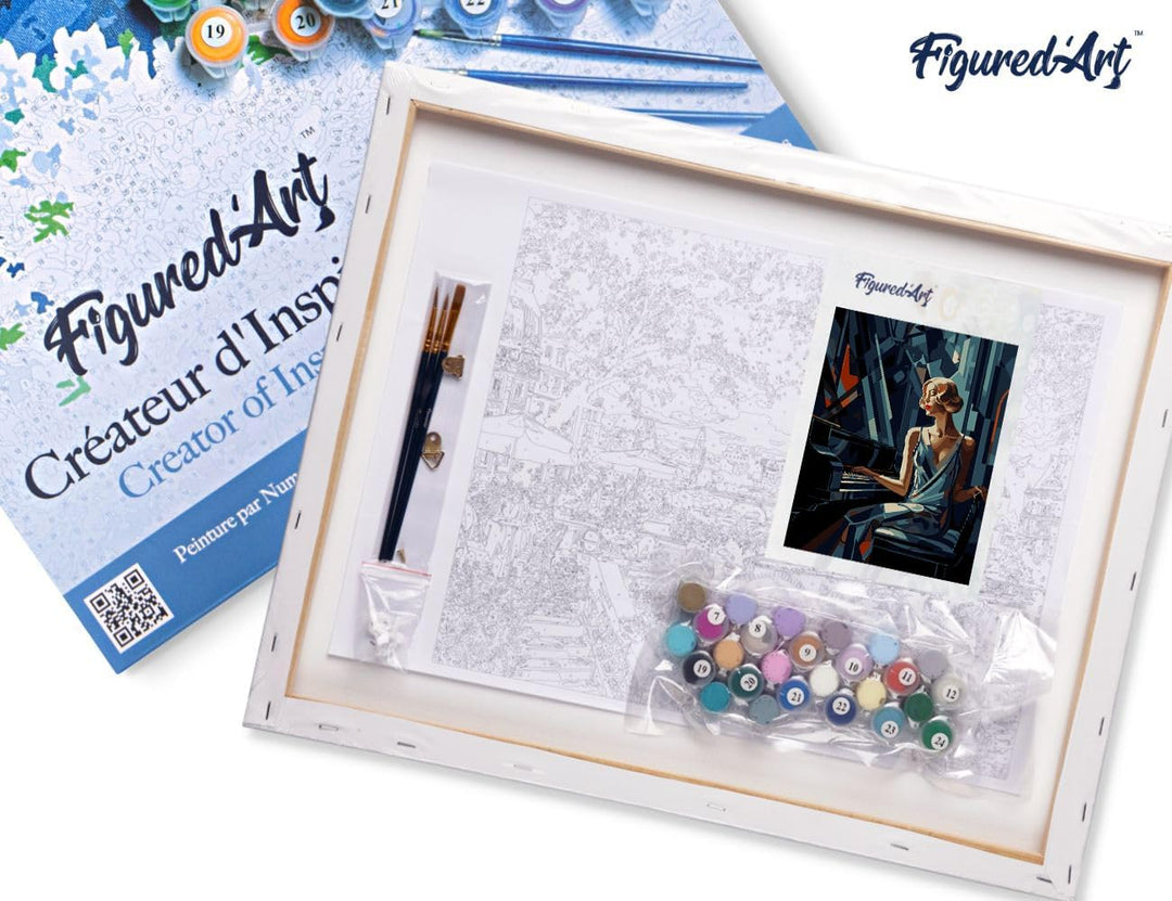 Figured'Art Malen Nach Zahlen Erwachsene Mit Rahmen Art-Deco-Frau am Klavier - Paint by Numbers Bast
