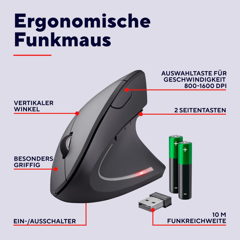 Trust Verto Kabellose Vertikale Maus, Wireless Ergonomische Maus, Vorbeugung Gegen Mausarm/Tennisarm