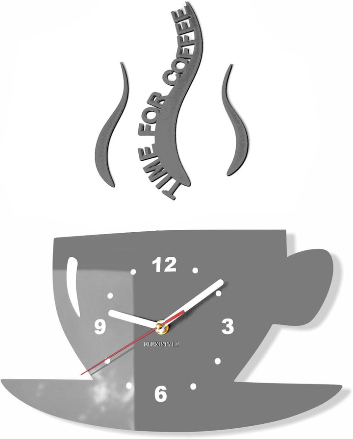 FLEXISTYLE Tasse Time for Coffee (Zeit für Kaffee) Moderne Küche Wanduhr grau, 3D römisch, wanduhr d