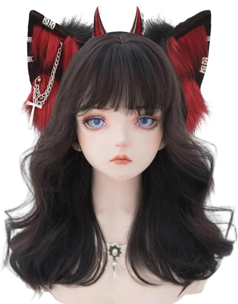 VIGVAN Handgemachte Wolf Fuchs Ohren Cosplay Kopf Zubehör Kawaii Haarband (Kette Schwarz Rot), Kette