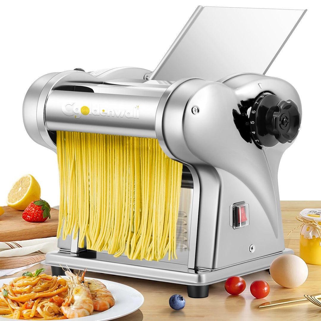 CGOLDENWALL Elektrische Nudelmaschine Frische Edelstahl-Teigausrollmaschine mit 2 Klingen von 1.5 mm